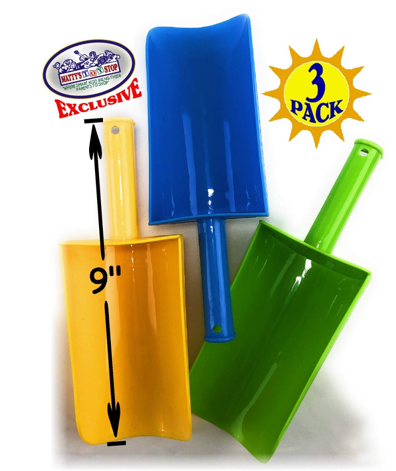 Matty's Toy Stop 9" Kids Short Handle Sand Scoop Plastic Shovels for Sand & Beach (Yellow, Blue & Green) Gift Set Bundle - 3 Pack - Image 3